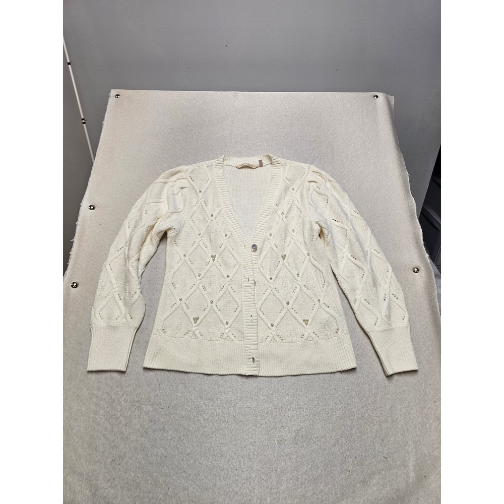 Soft Surroundings XL Ivory Cable Knit Pearl Embellished Cardigan Sweater 2GG75
